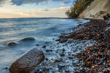 Sabahleyin tebeşir kayalıklarında. Çamurlu deniz yosunlu taşlı kıyı şeridi. Sonbahar havası için suda daha büyük taşlar var. Dramatik bulutlar ve küçük dalgalarla gün doğumu
