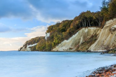 Ruegen adasındaki sahil şeridi. Jasmund Ulusal Parkı 'ndaki tebeşir kayalıkları. Düz deniz ve dramatik bulutlarla sabah havası. Sonbahar havasında kayalıklarda yaprak döken ağaçlar