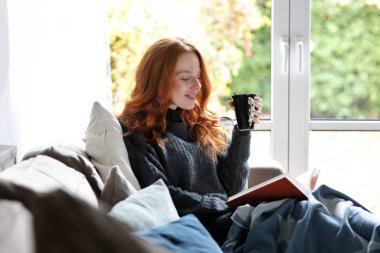 Güzel kızıl saçlı kadın kanepede snuggled iken bir kitap okuma