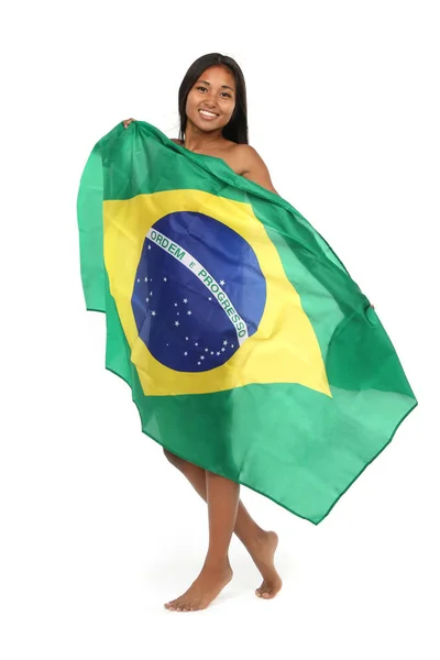 Jonge Vrouw Met Vlag Van Brazilië — Stockfoto