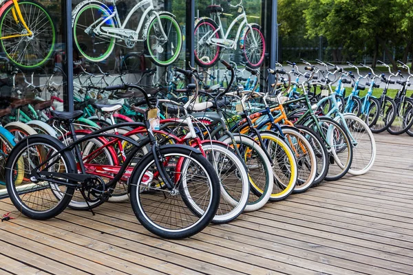 Велосипеды Стоящие Ряд Офисе Проката Городском Парке — стоковое фото