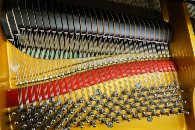 Dizeleri ve yapısı gösteren bir kuyruklu piyano içinde yakın çekim görüntü