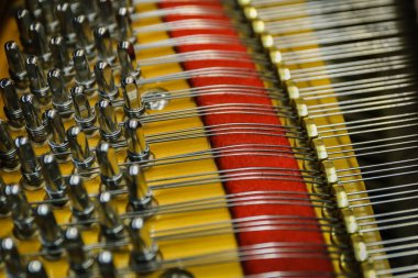 Dizeleri ve yapısı gösteren bir kuyruklu piyano içinde yakın çekim görüntü