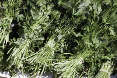 Bakkal dükkanı artalanları olarak üzerinde yığılmış maydanoz