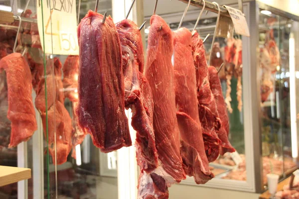 Veal Meat Parts Hanging Sale Local Market — Stock Photo, Image