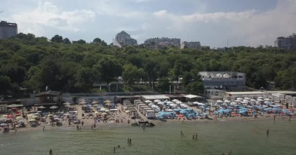 Aerial Popular City Beach Many Sun Umbrellas Coast Odessa Ukraine — Stock Video