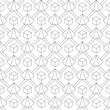 Küpleri ve bir piramit ince çizgi kesintisiz geometrik desen. Kartları, duvar kağıdı, doku, kumaş ambalaj, için uygundur. Vektör çizimler