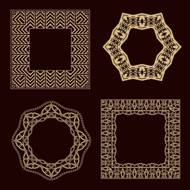 Dairesel bir süs kümesi. Monogram, logo, düğün davetiyesi için muhteşem altın çerçeve kümesi. Vektör.