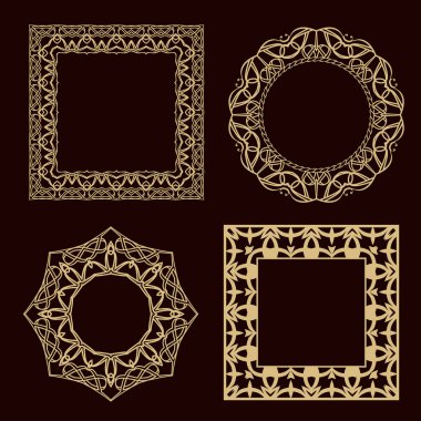 Dairesel bir süs kümesi. Monogram, logo, düğün davetiyesi için muhteşem altın çerçeve kümesi. Vektör.