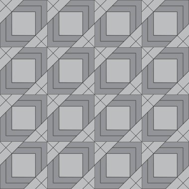 Kesintisiz geometrik desen gri tonlarında. Simetrik olarak yinelenen edikula, küpler, üçgenler ve çeşitli büyüklükte kareler. Vektör grafikleri.