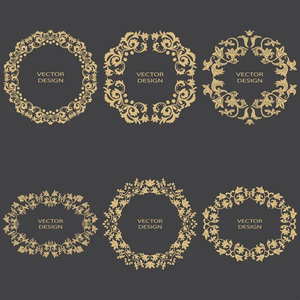 Set Gold Vintage Frames Circular Baroque Ornament Decorative Element Design — Stock Vector