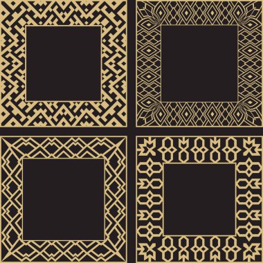 Bir küme sanat dikdörtgen süs. Monogram, bir logo, bir düğün daveti için muhteşem altın çerçeve. Vektör grafikleri.