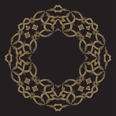 Birbirine kenetlenmiş dantel çizgilerin dairesel süsü. Altın dekoratif çerçeve. Mesajın yeri. Monogram, logo, düğün davetiyesi, menü için kullanılabilir. Vektör grafikleri.
