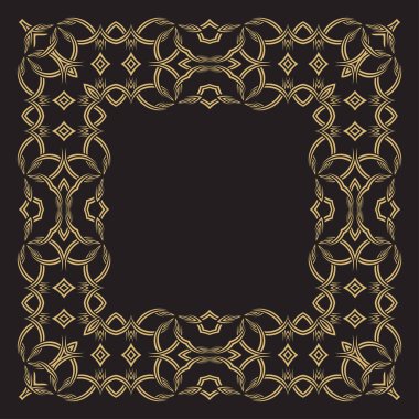 Birbirine kenetlenmiş dantel çizgilerin dairesel süsü. Altın dekoratif çerçeve. Mesajın yeri. Monogram, logo, düğün davetiyesi, menü için kullanılabilir. Vektör grafikleri.