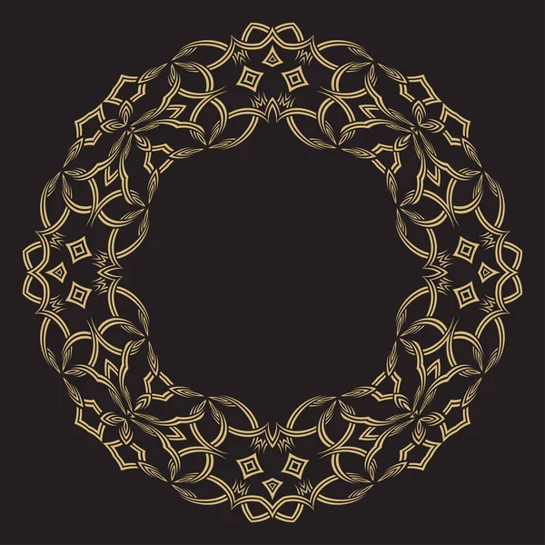 Birbirine kenetlenmiş dantel çizgilerin dairesel süsü. Altın dekoratif çerçeve. Mesajın yeri. Monogram, logo, düğün davetiyesi, menü için kullanılabilir. Vektör grafikleri.