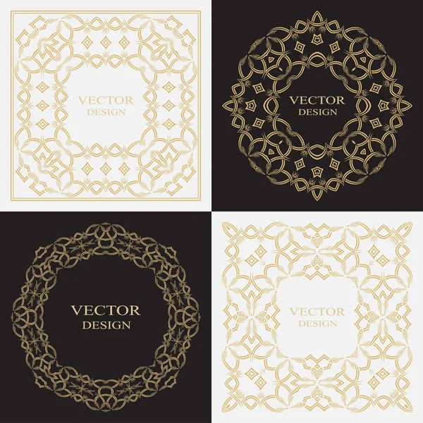 Dekoratif dairesel süs. Dikdörtgen ve yuvarlak vintage çerçeveler. Lüks malların, logoların, monogramların tasarım unsurlarının sanatsal dekorasyonu. Vektör illüstrasyonu