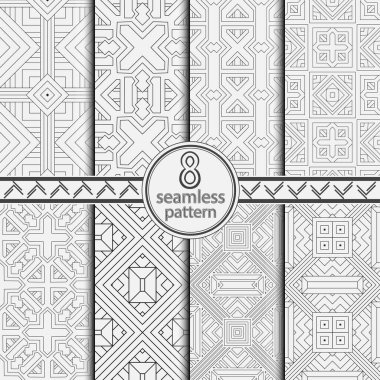 Kusursuz geometrik vektör desenleri. Düzenli açısal şekiller, eşkenar dörtgen ve çizgi tekrarlı soyut monokrom dokusu. Kafes grafik tasarımı.
