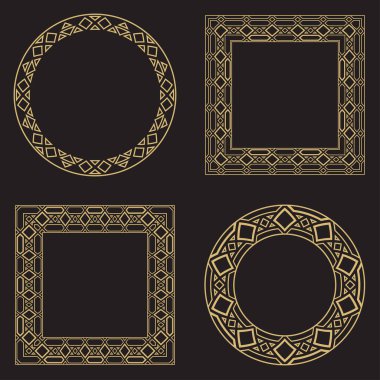 Dekoratif dairesel süs seti. Geometrik yuvarlak ve dikdörtgen şekilli çerçeveler. Lüks malların, logoların, monogramların tasarım elementlerinin sanat süsü. Vektör illüstrasyonu.