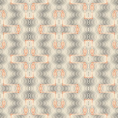 İnce kıvrımlı çizgileri olan kusursuz geometrik desen. Oval şekiller, yarım daire, yay. Çizgili modern moda geçmişi. Vektör illüstrasyonu.