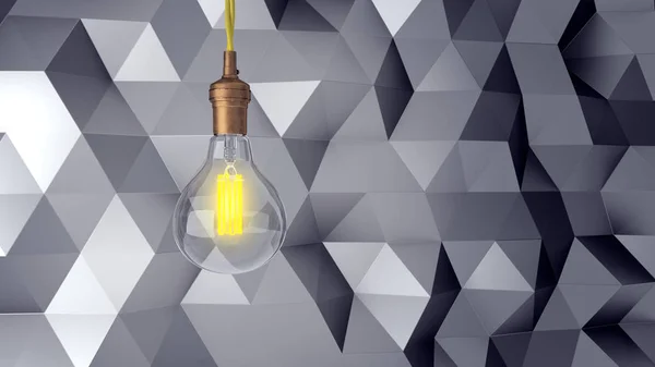 Retro light bulb on an abstract modern background of triangles. 3d rendering