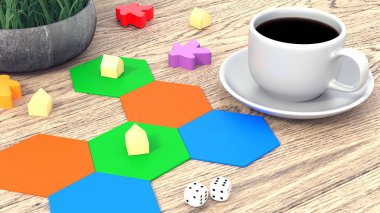 Masa oyunu, şekil ve zar. Bir fincan kahve ahşap bir masa üzerinde. 3D render.