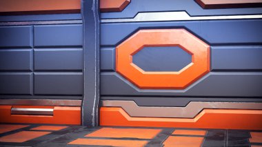 Bilim arka plan kurgu iç oda bilim-kurgu uzay gemisi koridorlar turuncu, 3d render