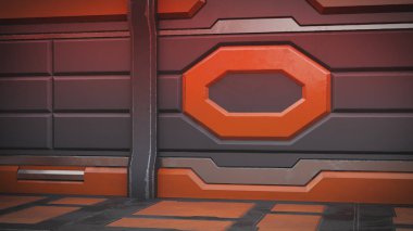 Bilim arka plan kurgu iç oda bilim-kurgu uzay gemisi koridorlar turuncu, 3d render