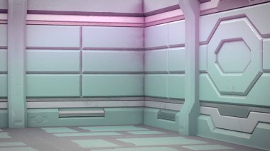 Bilim arka plan kurgu iç oda bilim-kurgu uzay gemisi koridorlar turuncu, 3d render