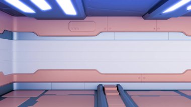 Gerçekçi bilim kurgu uzay gemisi koridorunun 3 boyutlu canlandırması