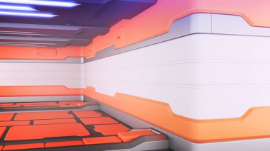 Bilim arka plan kurgu iç oda bilim-kurgu uzay gemisi koridorlar turuncu, 3d render