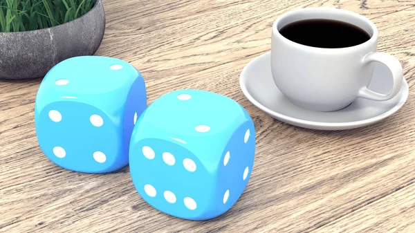 Dice and a cup of coffee on a wooden table. 3d render
