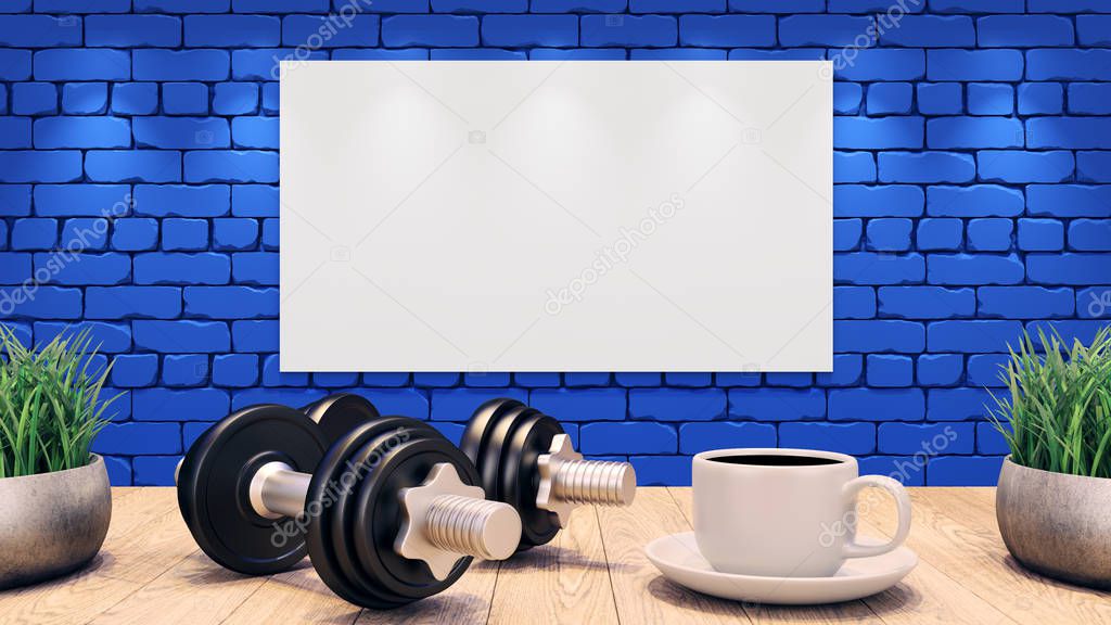 Two Dumbbells and a cup of coffee on a wooden table. White Blank Poster on the blue brick wall. 3d illustration