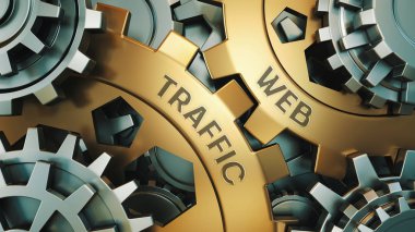 Web trafiği - kavramı. Altın cogwheels kitabe. Arka planda saat veya motoru bir mekanizmadır. 3D çizim