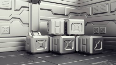 Konteynerlerin depolandığı Sci-Fi ambarı. Konteynerlerin depolandığı Sci-Fi ambarı. Cephanelik bir uzay gemisi üzerinde.