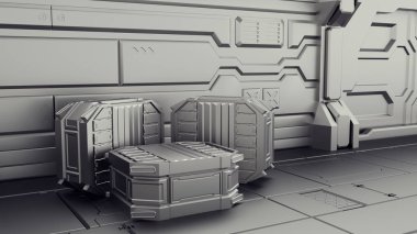 Sci-fi depo konteynerler depolandığı. Laboratuvar bir uzay gemisinde. 3D render