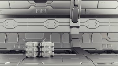 Sci-fi depo konteynerler depolandığı. Laboratuvar bir uzay gemisinde. 3D render