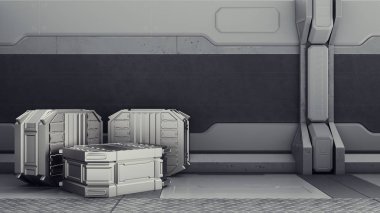 Konteynerlerin depolandığı Sci-Fi ambarı. Konteynerlerin depolandığı Sci-Fi ambarı. Cephanelik bir uzay gemisi üzerinde.
