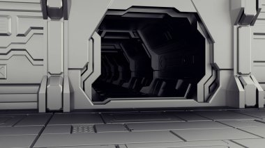 Uzay aracı üzerinde açık hangar kapısını. Kapının arkasında karanlık bir tüneldir. 3D render