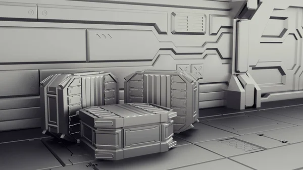 Sci-fi depo konteynerler depolandığı. Laboratuvar bir uzay gemisinde. 3D render — Stok fotoğraf