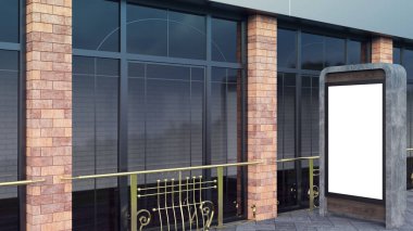 Beton ve çelik bilgi ekranları. Banner tasarımınızda duruyor. 3D rendering. Modern büyük pencereler ve tuğla sütunlar.