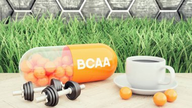 BCAA dallı-zincir amino asit capsiule, iki dambıl ve bir fincan kahve. Vücut geliştirme 3D illüstrasyon için spor beslenme