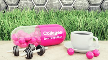 Kollajen kapsiule, iki dambıl ve bir fincan kahve. Vücut geliştirme ve güzellik 3D illüstrasyon için spor beslenme. Bağ dokusu.