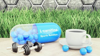 L-karnitin kapsül, büyük hap, iki dambıl ve bir fincan kahve. Vücut geliştirme 3D illüstrasyon için spor beslenme