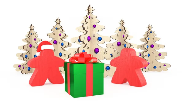 Karácsonykor Szilveszterkor Stílus Társasjátékok Két Narancssárga Meeples Egy Ajándékdoboz Mellett — Stock Fotó