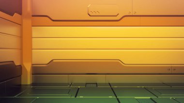 Boş sahneli fütüristik iç mekan. Modern Gelecek geçmişi. Teknoloji bilim kurgu hi-fi konsepti. 3d oluşturma
