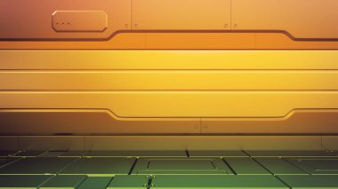 Boş sahneli fütüristik iç mekan. Modern Gelecek geçmişi. Teknoloji bilim kurgu hi-fi konsepti. 3d oluşturma