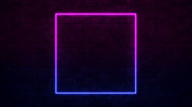 Shining kare neon Işareti. Mor ve mavi neon çerçevesi. koyu tuğla duvar. 3D çizim