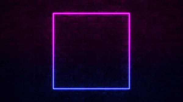 Shining Square Neon Sign. Bingkai Purple dan Blue Neon. dinding bata gelap. Ilustrasi 3d — Stok Foto