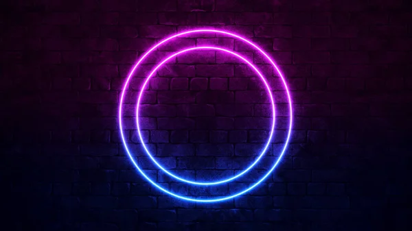 Svítící kruhový znak Neon. Fialový a modrý Neon. temné cihlové zdi. 3D ilustrace — Stock fotografie
