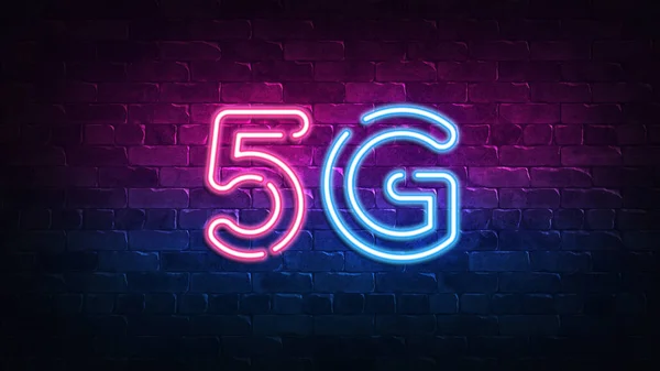 5g neon sign. purple and blue glow. neon text. Brick wall lit by neon lamps. Night lighting on the wall. 3d illustration. Trendy Design. light banner, bright advertisement